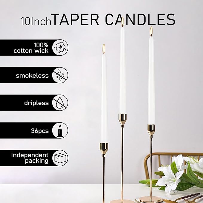 36 Pack White Taper Candles, 7-8 Hours Burn Time, Unscented, Smokeless and Dripless, 0.8 x 10 Inch Dinner Candle Set for