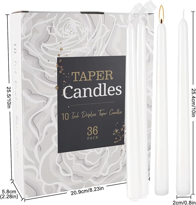 36 Pack White Taper Candles, 7-8 Hours Burn Time, Unscented, Smokeless and Dripless, 0.8 x 10 Inch Dinner Candle Set for