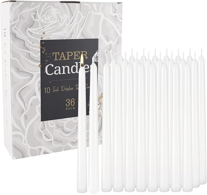 36 Pack White Taper Candles, 7-8 Hours Burn Time, Unscented, Smokeless and Dripless, 0.8 x 10 Inch Dinner Candle Set for