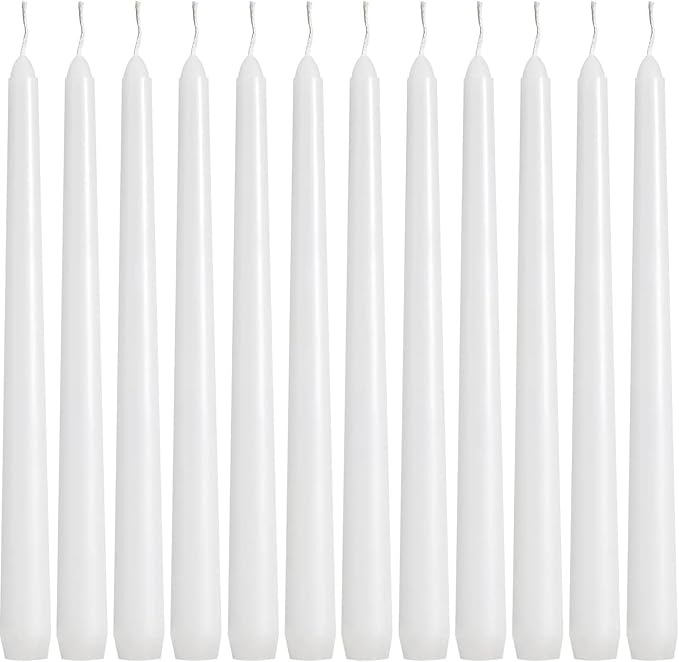 36 Pack White Taper Candles, 7-8 Hours Burn Time, Unscented, Smokeless and Dripless, 0.8 x 10 Inch Dinner Candle Set for