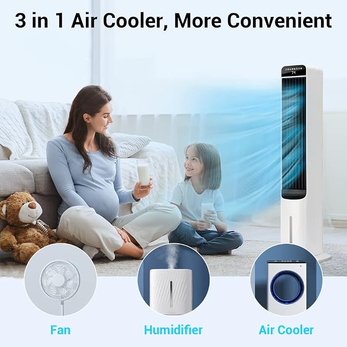 36" Portable Air Conditioner, 3-in-1 Swamp Cooler with 4 Modes, 3 Speeds, 80° Oscillation, 4 Ice Packs, 4L Removable Water