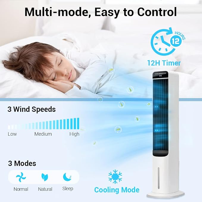 36" Portable Air Conditioner, 3-in-1 Swamp Cooler with 4 Modes, 3 Speeds, 80° Oscillation, 4 Ice Packs, 4L Removable Water
