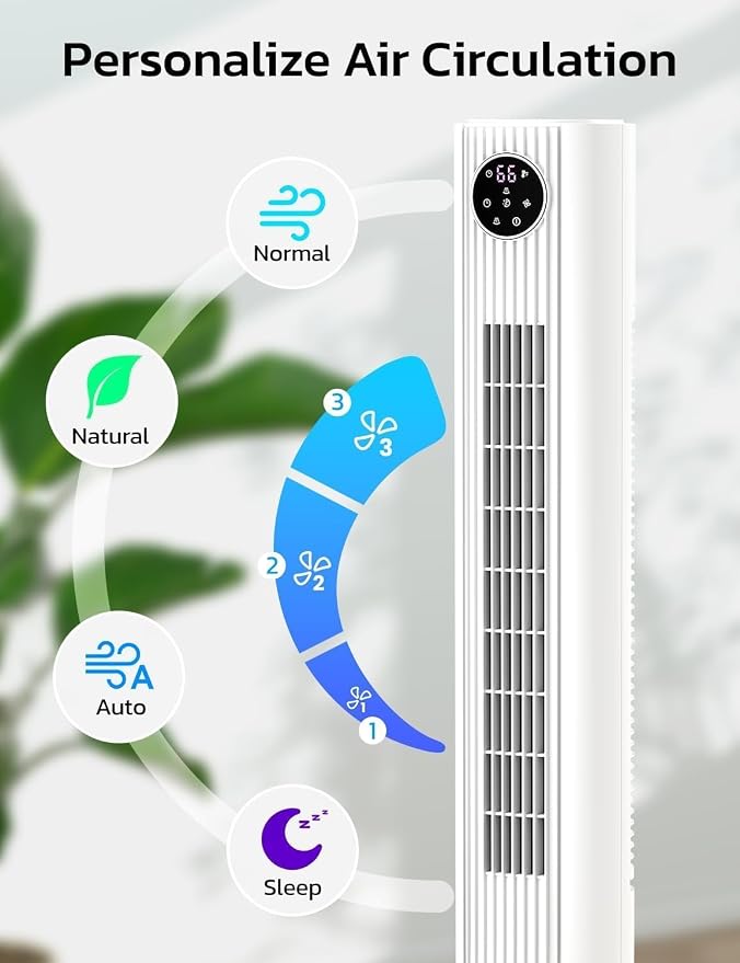 36" Tower Fan, 90°Oscillating Floor Fan with 4 Modes, 3 Speeds, 25ft/s Velocity, 12H Timer, alternate product view 7