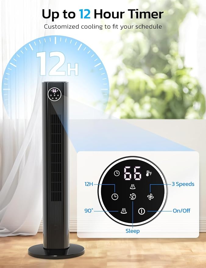 36" Tower Fan for Bedroom,23ft/s Velocity 90°Oscillating Floor Fan with Remote Control, 4 Modes, 3Speeds, alternate product