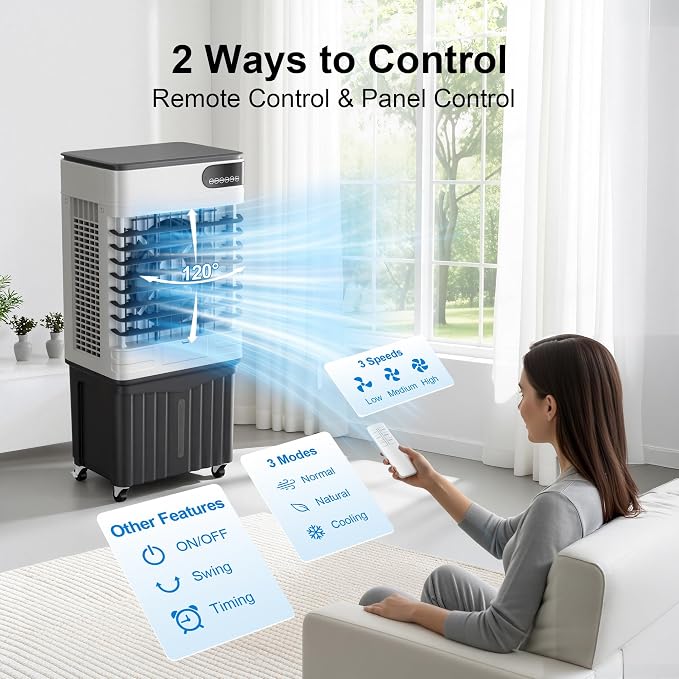 3600CFM Swamp Cooler, Evaporative Air Cooler with 13.5 Gallon Water Tank, 4 Ice Packs, 3 Speeds &Modes, 12H Timer