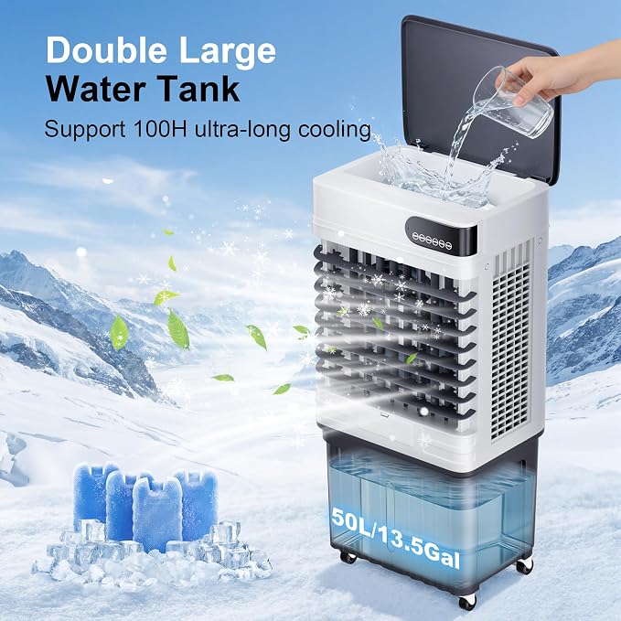 3600CFM Swamp Cooler, Evaporative Air Cooler with 13.5 Gallon Water Tank, 4 Ice Packs, 3 Speeds &Modes, 12H Timer