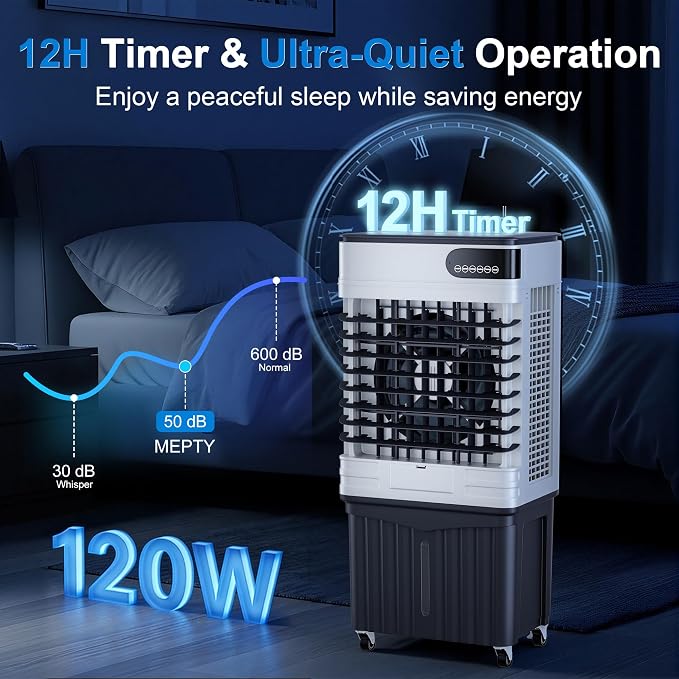 3600CFM Swamp Cooler, Evaporative Air Cooler with 13.5 Gallon Water Tank, 4 Ice Packs, 3 Speeds &Modes, 12H Timer