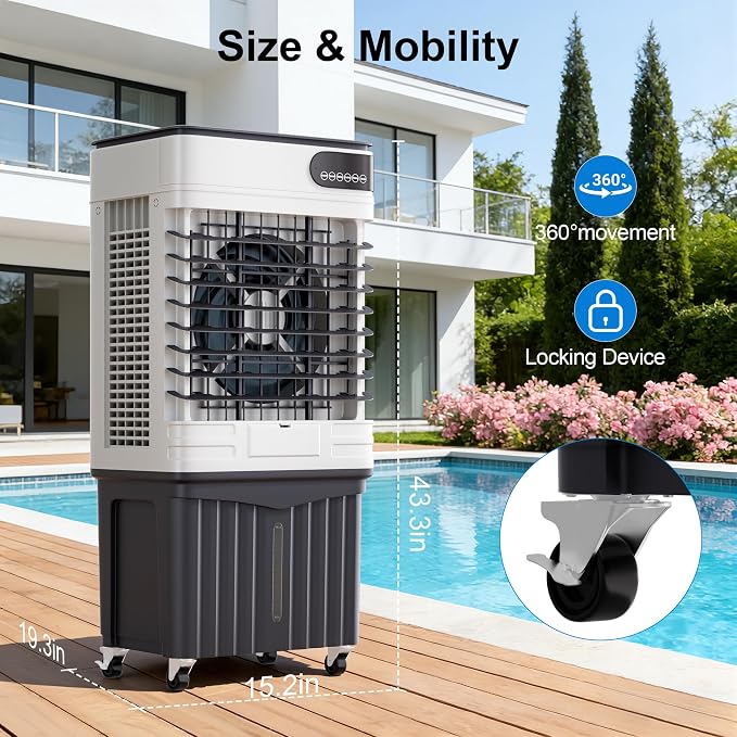 3600CFM Swamp Cooler, Evaporative Air Cooler with 13.5 Gallon Water Tank, 4 Ice Packs, 3 Speeds &Modes, 12H Timer