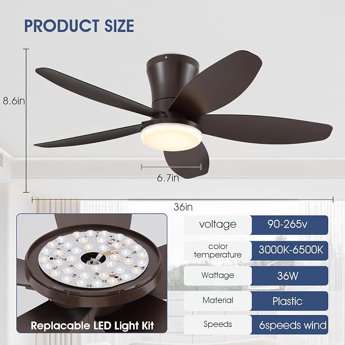 36IN Ceiling Fans with Light and Remote/APP Control, 5-Blade Reversible Motor Ceiling Fan, 3-Color Dimmable Lighting