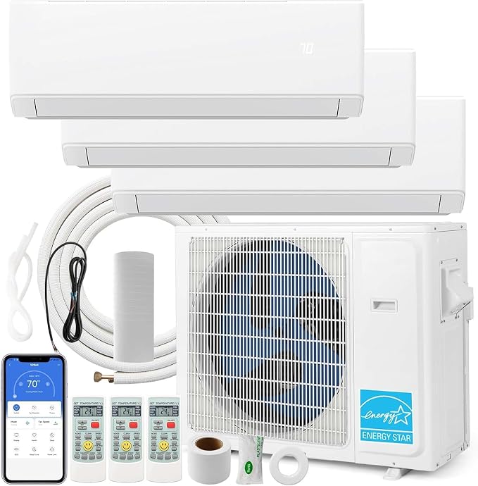 36K Tri 3 Zone Mini Split Air Conditioner with Heat Pump, 12k+18k+18k BTU, 23 SEER2, Wifi-Enabled Ductless Inverter Air