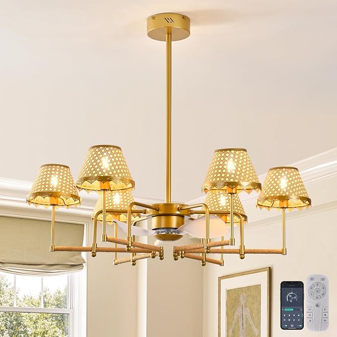 37.4" Ceiling Fans with Lights,Boho Rattan Fandelier Ceiling Fan with Lights Remote Control,Gold Chandelier Fan Light for