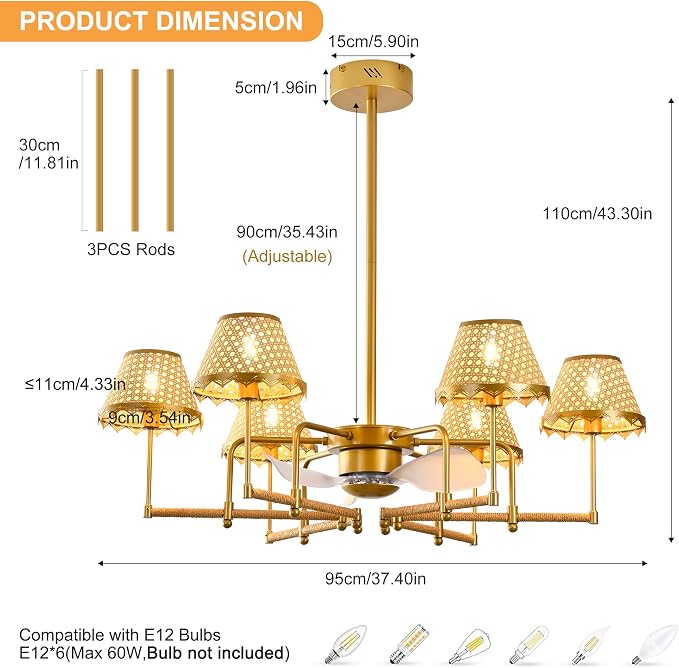 37.4" Ceiling Fans with Lights,Boho Rattan Fandelier Ceiling Fan with Lights Remote Control,Gold Chandelier Fan Light for