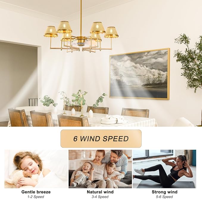 37.4" Ceiling Fans with Lights,Boho Rattan Fandelier Ceiling Fan with Lights Remote Control,Gold Chandelier Fan Light for