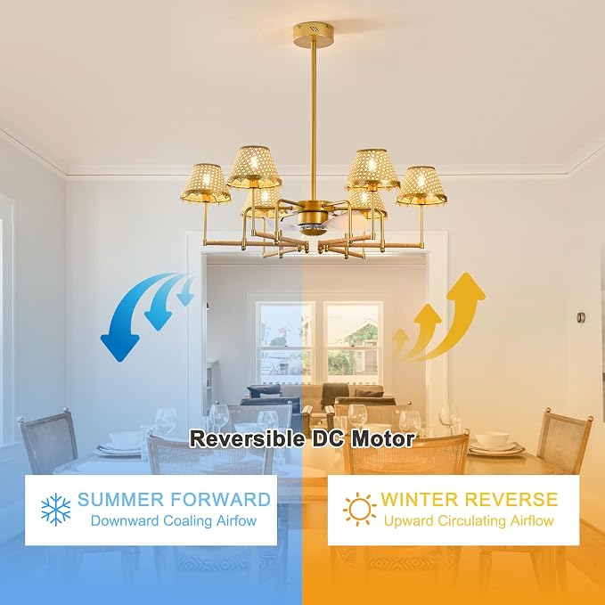 37.4" Ceiling Fans with Lights,Boho Rattan Fandelier Ceiling Fan with Lights Remote Control,Gold Chandelier Fan Light for