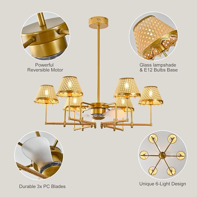 37.4" Ceiling Fans with Lights,Boho Rattan Fandelier Ceiling Fan with Lights Remote Control,Gold Chandelier Fan Light for