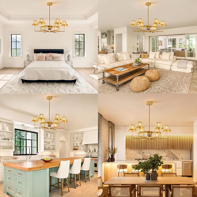 37.4" Ceiling Fans with Lights,Boho Rattan Fandelier Ceiling Fan with Lights Remote Control,Gold Chandelier Fan Light for
