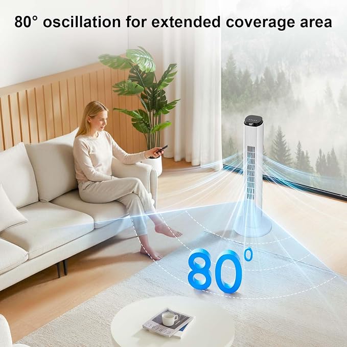 37-Inch Bladeless Portable Tower Fan 80°Oscillating,Quiet Cooling with 12H Timer Remote Control, 6 Speed, 4 Modes, LED