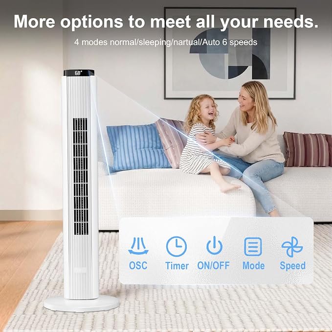37-Inch Bladeless Portable Tower Fan 80°Oscillating,Quiet Cooling with 12H Timer Remote Control, 6 Speed, 4 Modes, LED
