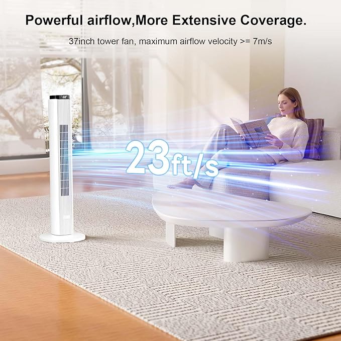 37-Inch Bladeless Portable Tower Fan 80°Oscillating,Quiet Cooling with 12H Timer Remote Control, 6 Speed, 4 Modes, LED