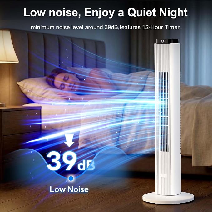 37-Inch Bladeless Portable Tower Fan 80°Oscillating,Quiet Cooling with 12H Timer Remote Control, 6 Speed, 4 Modes, LED