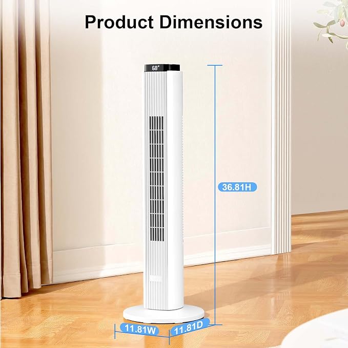 37-Inch Bladeless Portable Tower Fan 80°Oscillating,Quiet Cooling with 12H Timer Remote Control, 6 Speed, 4 Modes, LED