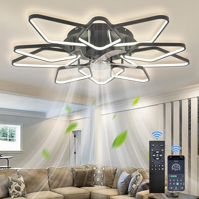 39"Ceiling Fan with Lights Remote APP Control,Modern Bladeless Ceiling Fan with Lights,Flush Mount Ceiling Fan with 6-Speed