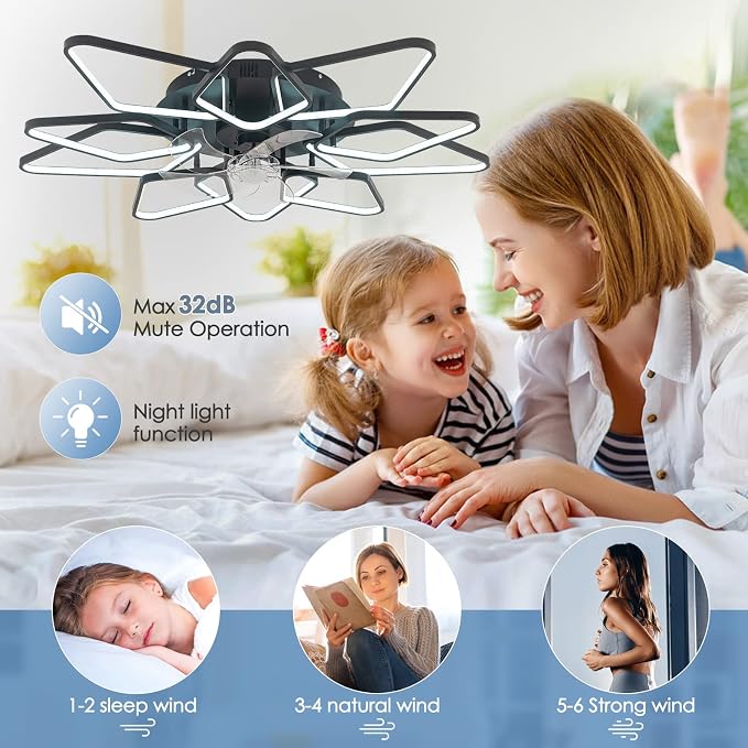 39"Ceiling Fan with Lights Remote APP Control,Modern Bladeless Ceiling Fan with Lights,Flush Mount Ceiling Fan with 6-Speed