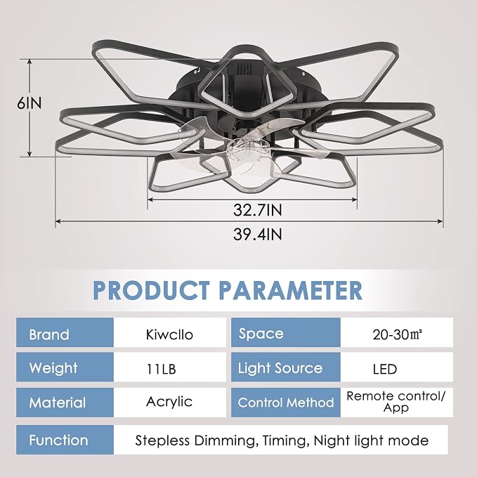 39"Ceiling Fan with Lights Remote APP Control,Modern Bladeless Ceiling Fan with Lights,Flush Mount Ceiling Fan with 6-Speed