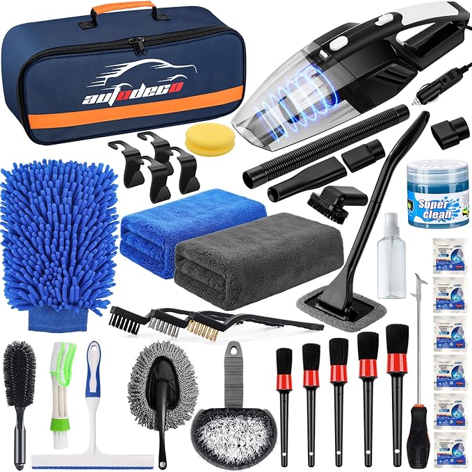 39Pcs Car Cleaning Wash Kit Interior Detailing Cleaner Kit with High Power Handheld Vacuum, Brush Set, Windshield Tool