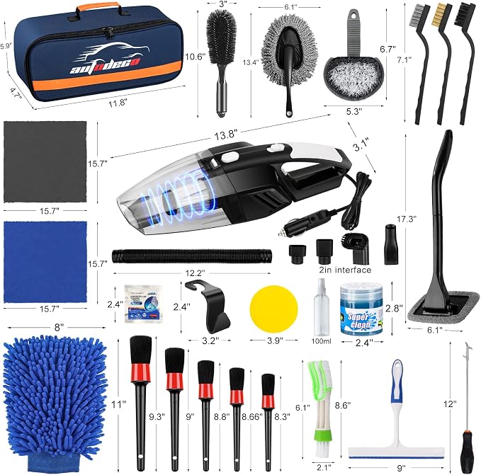 39Pcs Car Cleaning Wash Kit Interior Detailing Cleaner Kit with High Power Handheld Vacuum, Brush Set, Windshield Tool