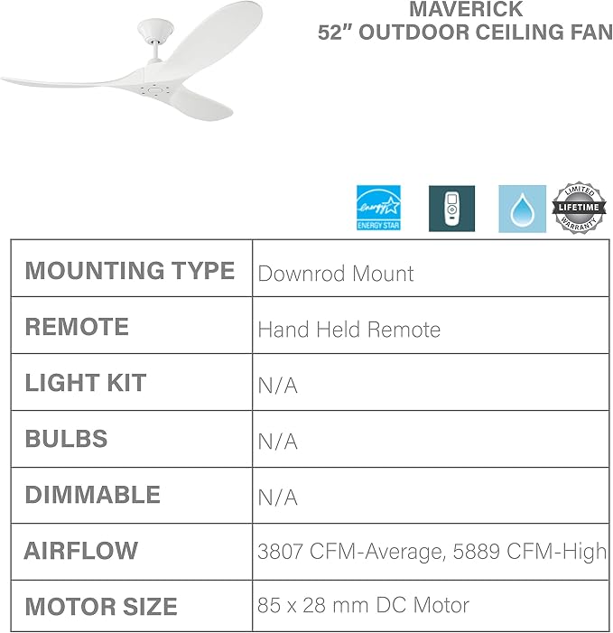 3MAVR52RZW Maverick II Energy Star 52" Outdoor Ceiling Fan with Remote Control, 3 Balsa Wood Blades, Matte White, alternate