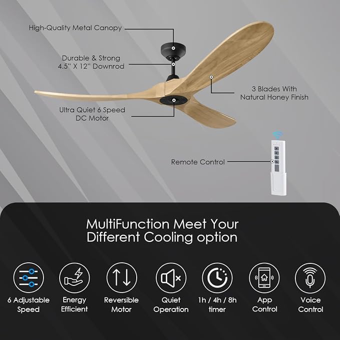 3MAVSM60MBKNH Smart Maverick Ceiling Fan with Remote Control, Indoor or Outdoor, Compatible with Bond Home Smart App