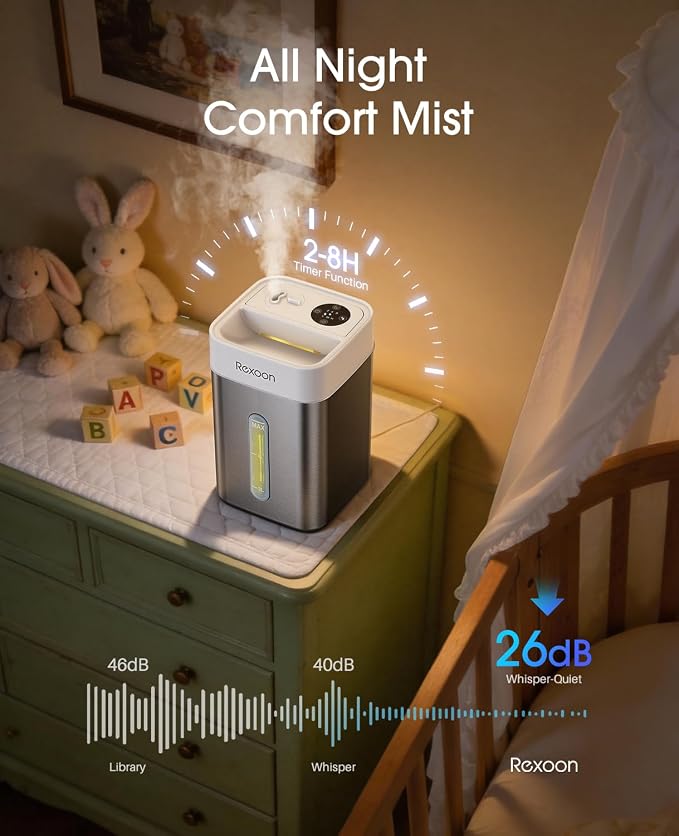 4.6L/1.2Gal Stainless Steel Humidifier for Bedroom, Top Fill Ultrasonic Cool Mist Humidifier Dishwasher Safe, Ultra-Low