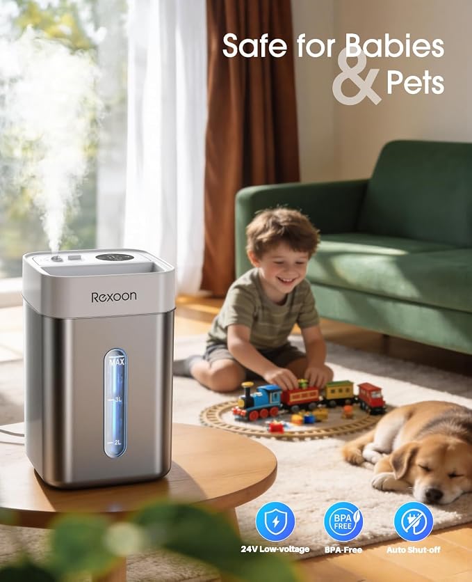 4.6L/1.2Gal Stainless Steel Humidifier for Bedroom, Top Fill Ultrasonic Cool Mist Humidifier Dishwasher Safe, Ultra-Low