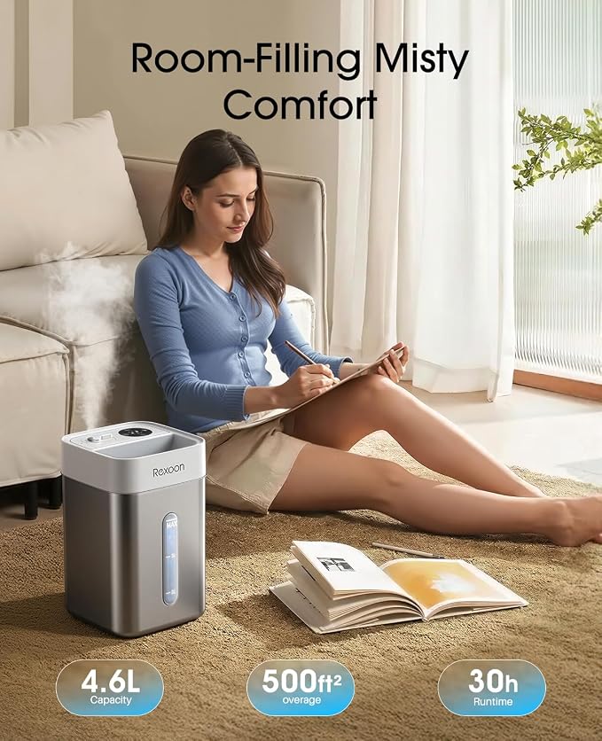 4.6L/1.2Gal Stainless Steel Humidifier for Bedroom, Top Fill Ultrasonic Cool Mist Humidifier Dishwasher Safe, Ultra-Low