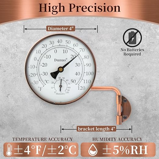 4" Brass Outdoor Thermometer, Indoor Thermometer for Room – Analog Wall-Mount Temperature Gauge with Humidity – Decorative