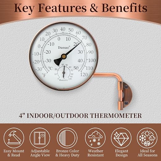 4" Brass Outdoor Thermometer, Indoor Thermometer for Room – Analog Wall-Mount Temperature Gauge with Humidity – Decorative