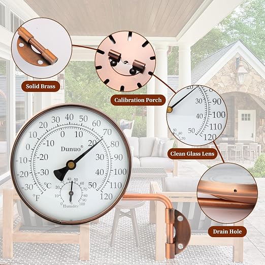 4" Brass Outdoor Thermometer, Indoor Thermometer for Room – Analog Wall-Mount Temperature Gauge with Humidity – Decorative