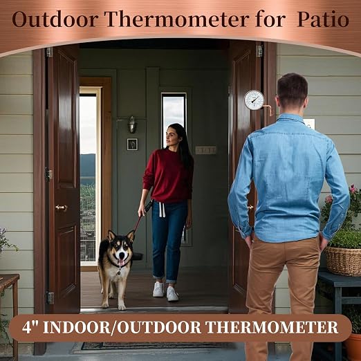 4" Brass Outdoor Thermometer, Indoor Thermometer for Room – Analog Wall-Mount Temperature Gauge with Humidity – Decorative
