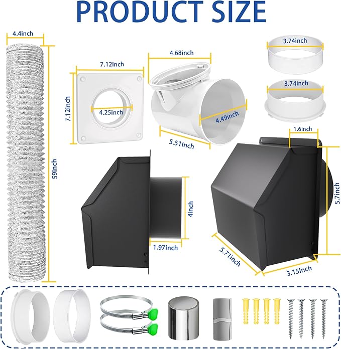 4" Dryer Vent Kit with Hose, Duct Connector and Wall Plate, 90 Degree Dryer Vent Elbow, 4Inch Dryer Vent cover Connector Wall
