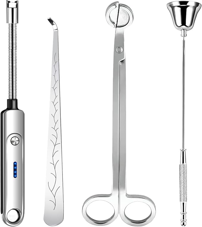 4 in 1 Candle Accessory Set, Electric Lighter, Wick Cutter, Snuffer and Dipper, Steel Wick Trimmer Set - Silver, product