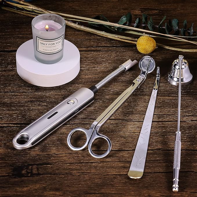 4 in 1 Candle Accessory Set, Electric Lighter, Wick Cutter, Snuffer and Dipper, Steel Wick Trimmer Set - Silver, alternate