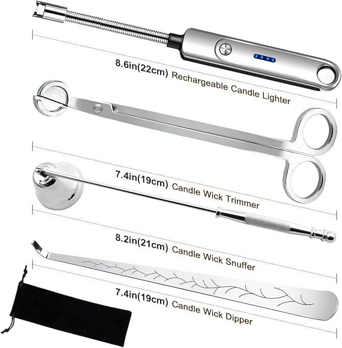 4 in 1 Candle Accessory Set, Electric Lighter, Wick Cutter, Snuffer and Dipper, Steel Wick Trimmer Set - Silver, alternate