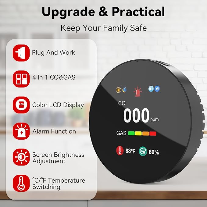 4-in-1 Carbon Monoxide & Gas Detector Plug in, Combination Natural Gas Leak & Carbon Monoxide Alarm, Dual Sensor, alternate