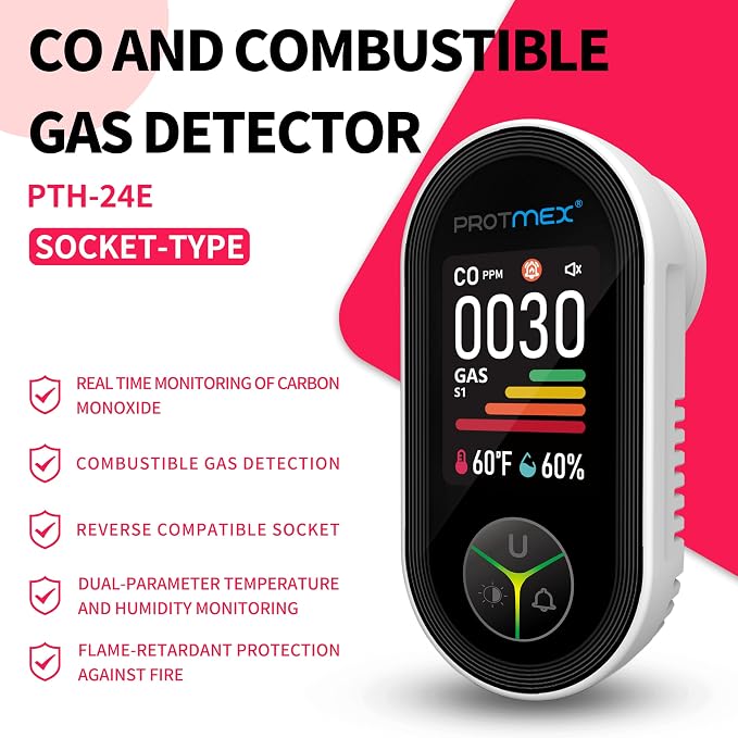4-in-1 Carbon Monoxide & Gas Detectors Plug in Large LCD Screen, Home CO Gas Detector with Temperature & Humidity Monitoring