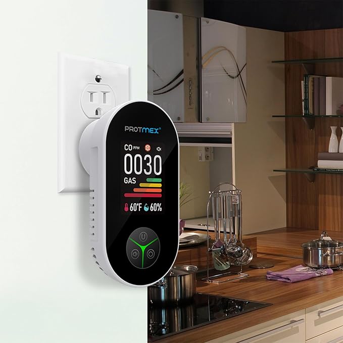4-in-1 Carbon Monoxide & Gas Detectors Plug in Large LCD Screen, Home CO Gas Detector with Temperature & Humidity Monitoring