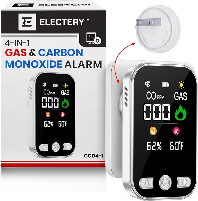 4-in-1 CO Detector & Natural Gas Leak Detector Alarm, Plug-in Carbon Monoxide Detectors with Battery Backup, Digital Display