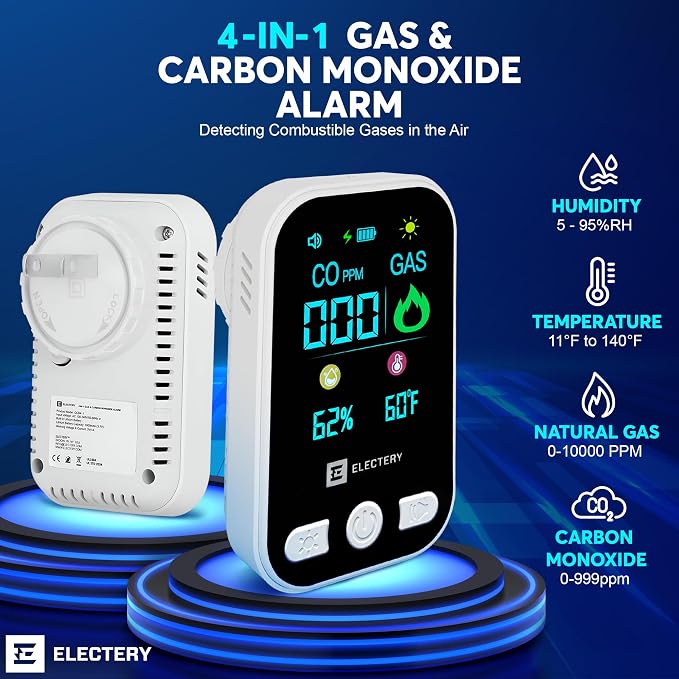 4-in-1 CO Detector & Natural Gas Leak Detector Alarm, Plug-in Carbon Monoxide Detectors with Battery Backup, Digital Display