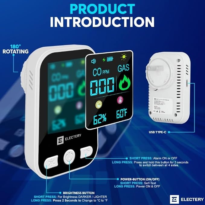 4-in-1 CO Detector & Natural Gas Leak Detector Alarm, Plug-in Carbon Monoxide Detectors with Battery Backup, Digital Display