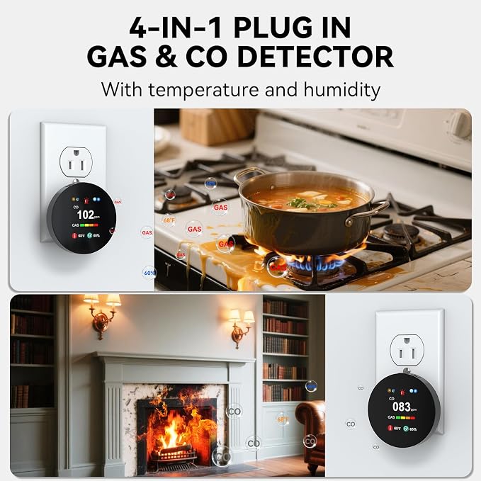 4-in-1 Gas & Carbon Monoxide Detector Plug in, Combination Natural Gas Leak & Carbon Monoxide Alarm, Dual CO & Gas Sensor